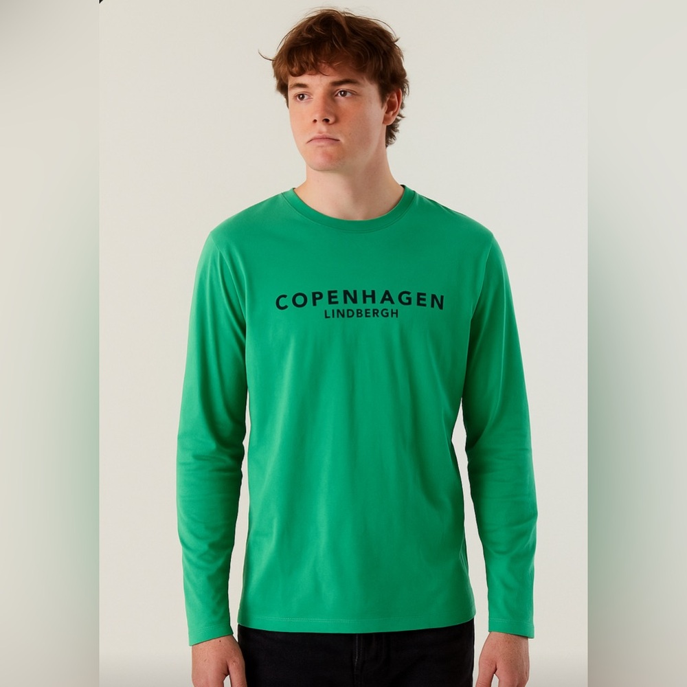 Lindbergh Organic Cotton Green Long Sleeve Shirt “Copenhagen” Logo Men’s